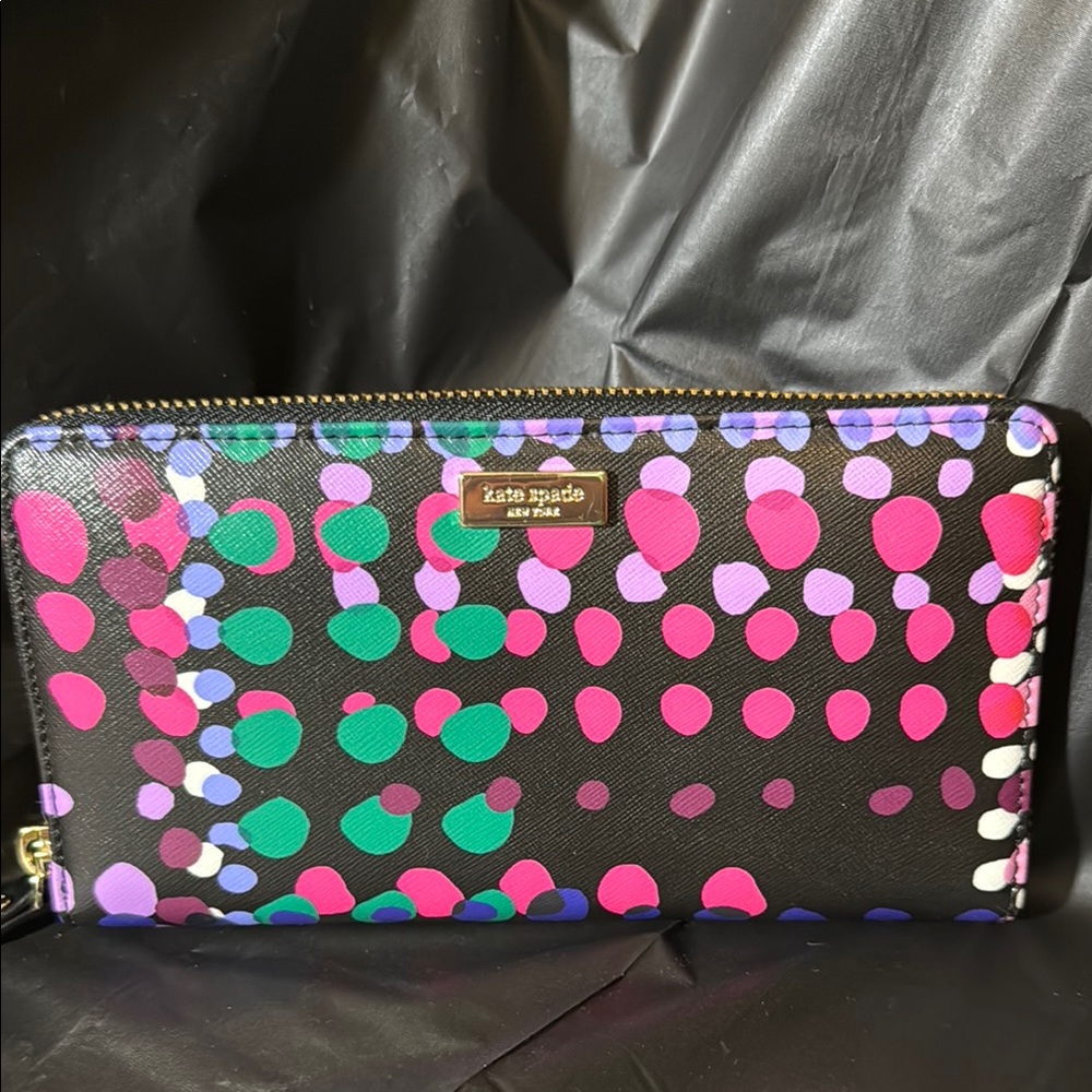 kate spade black wallet with colorful polka dot print